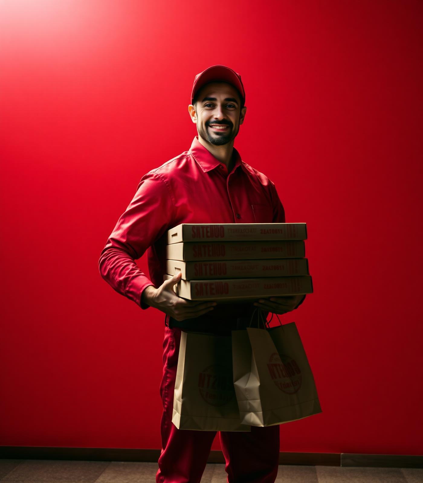 Delivery Foodie courier holding stacked orders